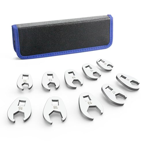 3/8' Drive Flare Nut Crowfoot Wrench Set with Storage Pouch, Metric 10 Piece Cr-V Steel + Ni-Cr Plating 5 Point Grip Flare Nut Crow Foot Tool Set, 10-19 mm Crowfoot Wrench for Tight Spaces Car Repair
