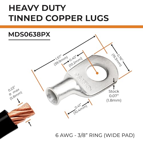 Image of SELTERM 10pcs 6 AWG-3 /8 inch Stud (Wide Pad) Tinned Copper Wire Lugs,Heavy Duty Battery Cable Ends,6 Gauge Ring Terminals,UL Battery Lugs Marine Grade Copper Eyelets Electrical Battery Terminal Connectors