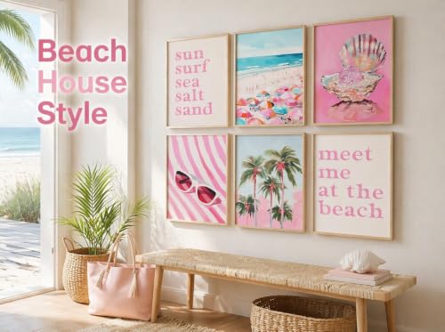 KKP 6Pcs Preppy Beach Wall Art, Pink Coastal Painting Pictures Wall Decor, Summer Beachy Aesthetic Posters Prints Artwork for Teen Girls Bedroom Dorm 12x16 Inch Unframed by KKP - Image 7