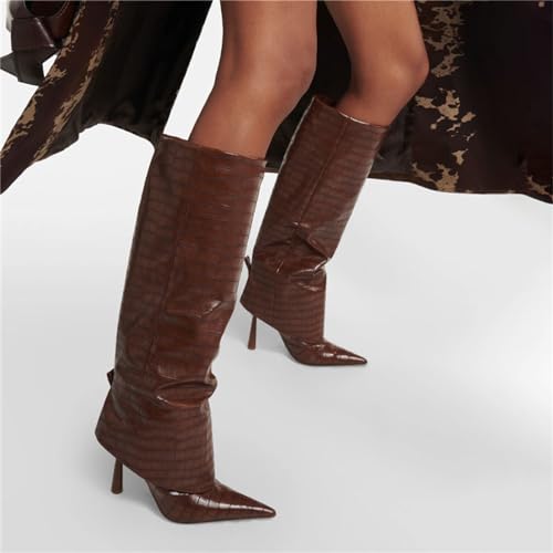 Image of Goolita Fold Over Boots For Women, Pointed Toe Stiletto Heel Knee High Boots Fashion Comfortable Slip On Tall Boots
