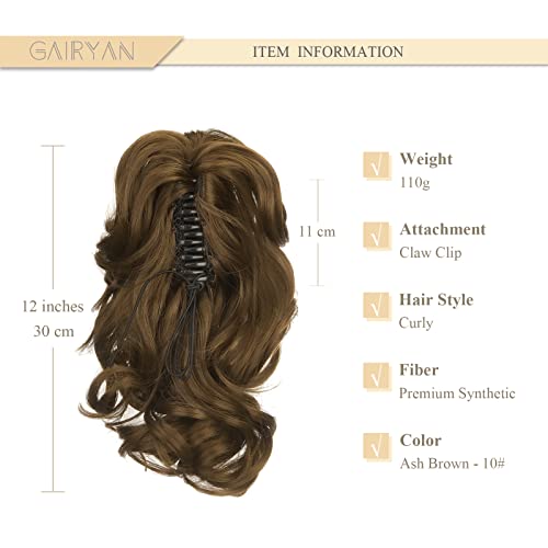 Gairyan 12" Clip in Ponytail Hair Extensions Curly Ponytail Extension Claw on Pony tails Wavy Synthetic Hairpieces for Women Real Look Short Wave (Ash Brown) - Image 2