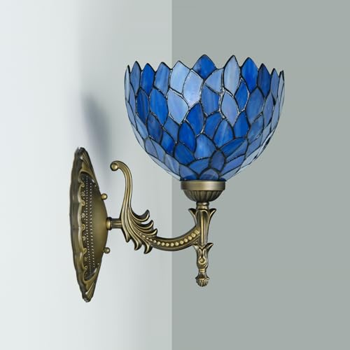 Image of Tiffany Wall Sconce Hand-Weld Stained Glass Bedside Lamp with Classic 8 Inches Wisteria Blue Purple Lampshade for Bedroom Hallway Living Room Home Office