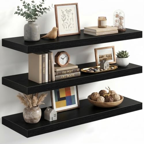 Image of Fun Memories 30 Inch Floating Shelves for Wall, Black Wood Wall Mounted Shelf with Invisible Bracket, 10 Inch Deep Large Shelves for Living Room Bathroom Bedroom, Set of 3