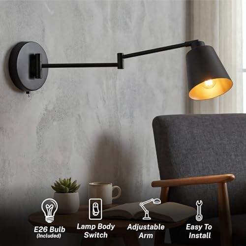Image of OSYNNIQ Wall Sconce Light with Adjustable Swing Arm for Bedside Reading | Wall Lamp, Modern, Industrial, Lighting Fixture, Black, Hardwired, for Bedroom /Living Room /Indoor, E26 Bulb Included