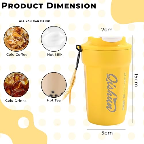 Image of Kraptick Vacuum Insulated Coffee Cup, 316 Food Grade Steel Portable Thermal Coffee Mug, Double Wall Insulated Cup With Large Capacity Designed for Hot and Cold Bevrages-(Yellow)(450ml)