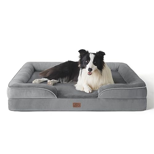 Bedsure Large Dog Bed Sofa – Washable Orthopedic Dog Beds and Couch with Removable Flannel Cover, Waterproof Dog Pillow with U-Shape Bolster, Grey Squre Pet Bed Fits up to 30kg, 89x63x16cm