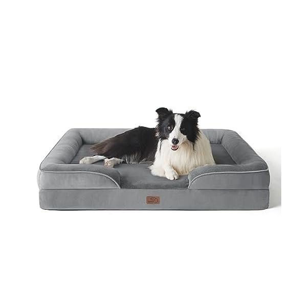 Bedsure Large Dog Bed Sofa – Washable Orthopedic Dog Beds and Couch with Removable Flannel Cover, Waterproof Dog Pillow with U-Shape Bolster, Grey Squre Pet Bed, 89x63x16cm