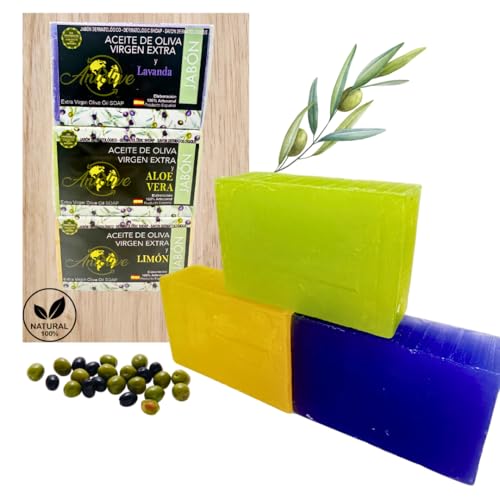 3 Jabones Naturales: Aloe Vera, Lavanda y Limón | Con el poder del Aceite de Oliva Virgen Extra | Naturales, Hidratantes y Suaves para la Piel.