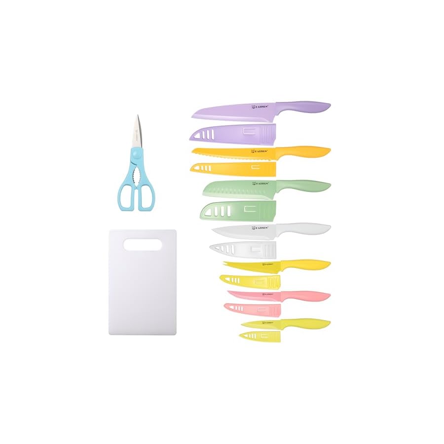 Knife Set with Kitchen Cutting Board，30 Piece Colour Coding Stainless Steel Boxed Knives Set with Kitchen Shears，14 Knives with 14 Blade Covers，Anti-Rust and Dishwasher Safe