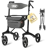 VOCIC Z75 Carbon Rollator Faltbar und leicht mit Sitz, 5,5kg Ultralight Rollator Schmal für Wohnung, Indoor & Outdoor Faltbarer Rollatoren Klappbar für Senioren, Max 136kg, 5 Jahre Support, Schwarz