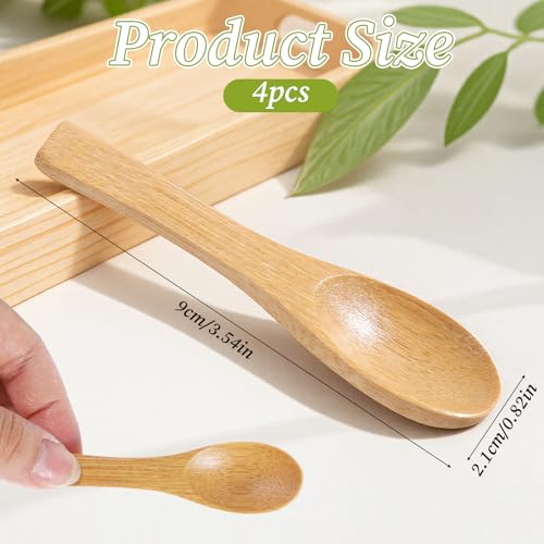 Piriuuo 4 Stück Kleine Holzlöffel, 9 x 2,1 cm Mini Holzlöffel Gewürzlöffel mit Kurzem Griff Honiglöffel Runder Teelöffel Kleine Löffel Umweltschutz Holzlöffelfür Salz, Zucker, Gewürze, Kaffee