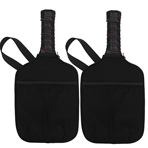 WK IEASON Neoprene Pickleball Paddle Cover 2pc Pack With Inner Pockets and Handle Strap - Racket Sleeve Ball Holder Organizer Bag (Blackx2)