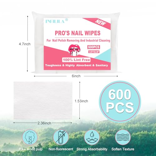 NXJ INFILILA Lint Free Nail Wipes, 600CS Natural Wood Pulp Nail Prep Wipes, Absorbent Acetone Nail Polish Remover Lash Extensions Glue Nail Cleaning Pads for Salon Supplies