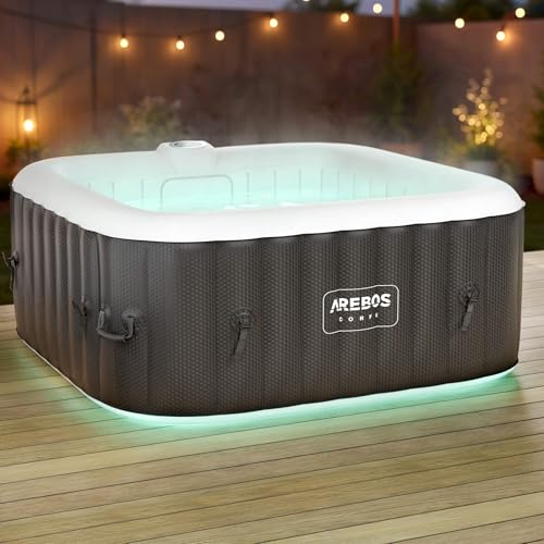 Arebos Whirlpool | 154 x 154 cm | mit LED-Beleuchtung | aufblasbar | quadratisch | In- & Outdoor | 4 Personen | 100 Massagedüsen | mit Heizung | 600 L | Inkl. Abdeckung | Bubble Spa & Wellness Massage