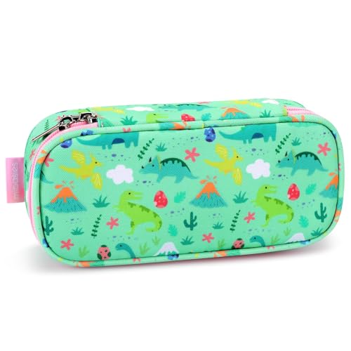 Image of mibasies Girls Pencil Case for Kids, Multi-Slot Pencil Pouch, Light Green Dinosaur Forset