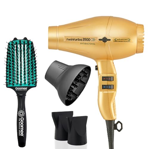 Turbo Power Twin Turbo 3900 Advanced Ionic & Ceramic Gold Hair Dryer with Miracle Large Detangling Brush Mint Green – Eco-Friendly Blow Dryer and Dual Bristle Brush for Smooth, Frizz-Free, Shiny Hair
