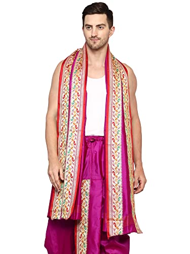 Image of Rameshwaram Fabrics Readymade Dhoti for Men, Velcro Style Stitched Mens Silk Dhoti Pant with Stole Set