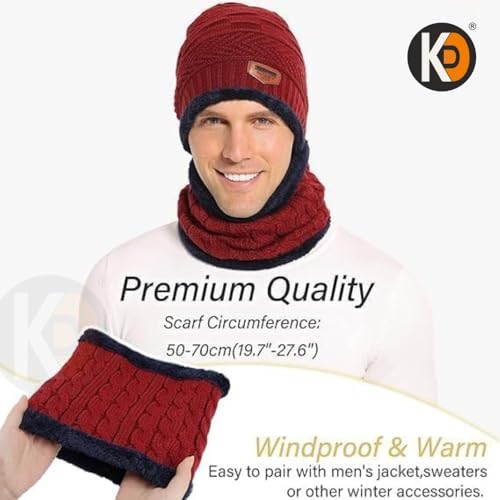 Image of K D Winter Wear 2-in-1 Woolen Beanie Cap & Muffler Set for Men & Women | Soft Thermal Wool | Fleece-Lined | Head & Neck Warmer | Unisex Winter Accessories (Cap /Muffler - Maroon Red)
