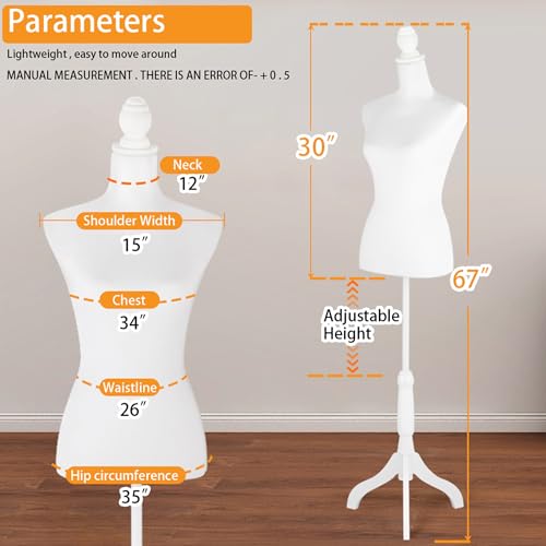 OUTREE Female Mannequin Torso Stand with White Torso Cover, Manikin Body with Adjustable Tripod Stand for Clothing, Sewing, Jewelry Display and Photography
