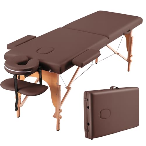 CHRUN Massage Table Portable Wide Massage Bed 84 Inches Spa Bed 2 Fold Table 9 Heigh Adjustable Carry Case Salon Bed Face Cradle Bed Brown