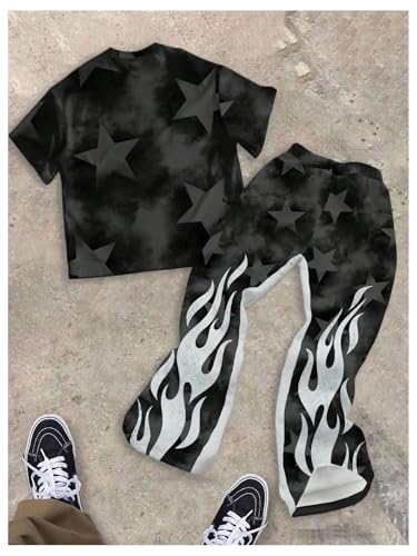 Boy's 2 Piece Sports Fall Outfits Y2K Short Sleeve Star Graphic Tees and Vintage Flare Pants Tracksuit Set2