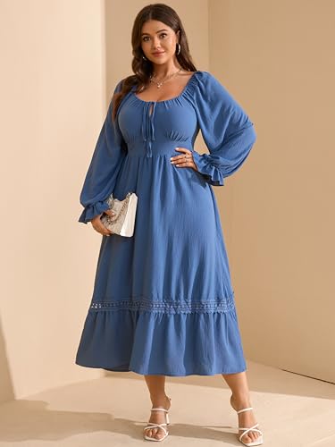 RWJ Women's Plus Size Fall Dresses Long Sleeve Square Neck Flowy Lace Trim Flutter Wedding Guest Party Casual Dress4