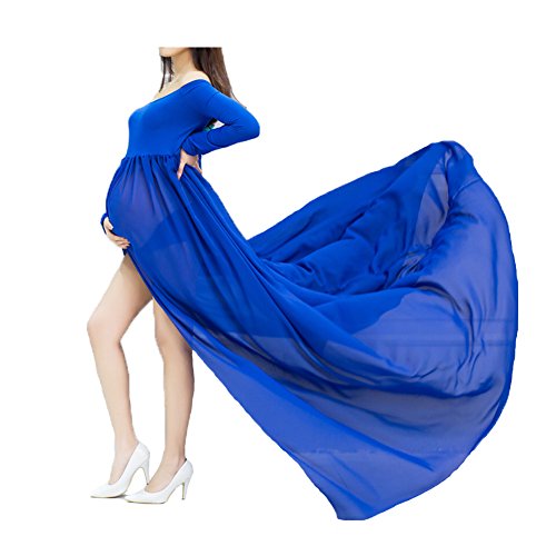 Mujer Embarazada Gasa Larga Vestido de Maternidad Split Vista Delantera Foto Shoot Dress Faldas fotográficas de Maternidad (Azul)
