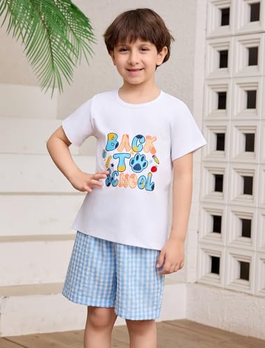 Image of OBEEII Back to School Outfit Toddler Boy Short Sleeve Graphic Shirt Gingham Shorts First Day of School Summer Clothing Set