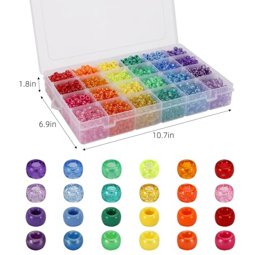 Quefe 2880pcs Pony Beads Kit, Kandi Beads for Hair, Rainbow Beads Plastic Bead for Craft 6 x 9mm 24 Colors 4 Styles Large Hole Beads Set for Bracelets Jewelry Making2