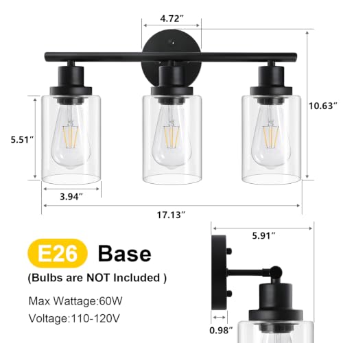 Image of Unicozin 2 Pack Modern Bathroom Light Fixtures, 3 Light Vanity Lights, Black Wall Lamp with Clear Glass for Bathroom, Mirror, Living Room, Bedroom, Hallway, E26 Base