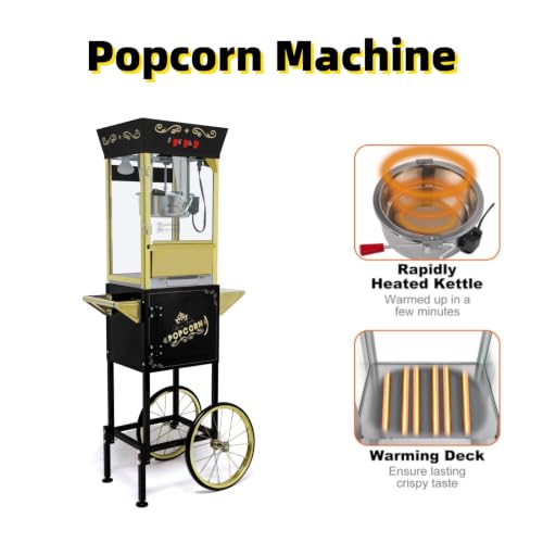 Image of Trygoal Popcorn Machine with Cart, 12 Oz Kettle, Vintage Popcorn Maker with Storage Cabinet, Scoop & 3-Switch Control, Movie Theater Style Popper for Party, Black