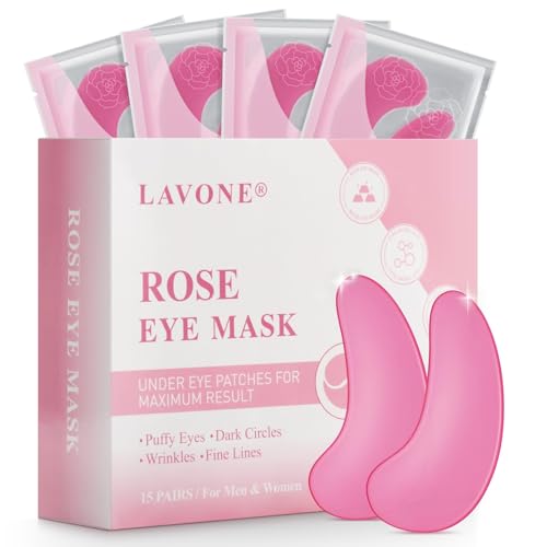LAVONE Eye Mask - 15 Pairs Rose Under Eye Patches Skin Care Products - Eye Masks Skincare for Dark Circles and Puffiness, Reduce Wrinkles, Eye Bags and Fine Lines, for Women and Man, with Hair Clips