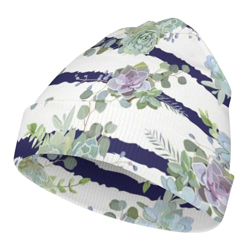 Colorful Succulent on Stripe Kids Beanie Hat for for Girls Boys Children Cap Winter Knitted Chemo Cancer Headwear Accessories Gifts Decoration