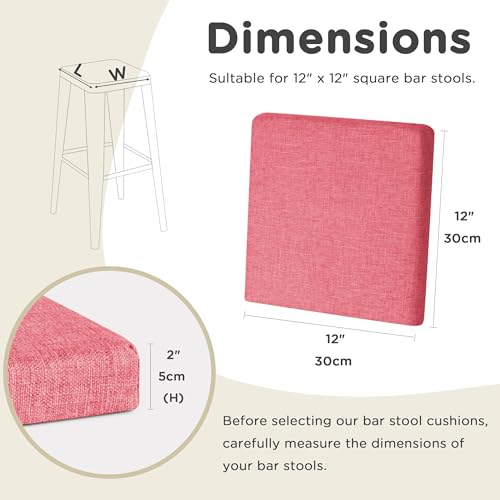 Image of AddGrace Anti-Slip Bar Stool Cushions Square Bar Stool Seat Cushions with Ties Set of 2 Small Square Chair Pads with Machine Washable Cover 12 inchX12 inchX2 inch (Pink)