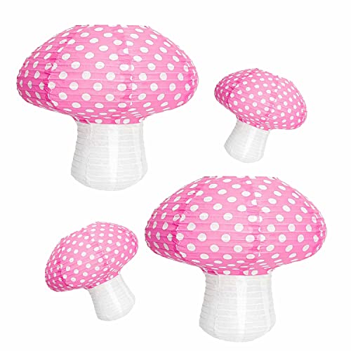 Image of 4Pcs Mushroom Paper Lanterns, Cynzia Large Paper Lantern Wonderland Forest Jungle Theme Hanging Ornament, 3D Mushroom Decor for Garden, Christmas, Party, Nursery (Pink)