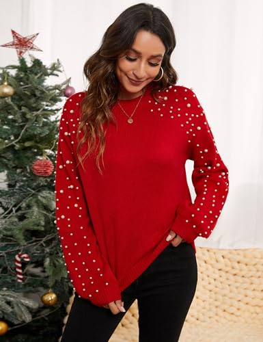 Image of Blooming Jelly Women's Chunky Sweater Crewneck Sweatshirt Knit Lantern Sleeve Oversized Pullover Sweater with Pearls