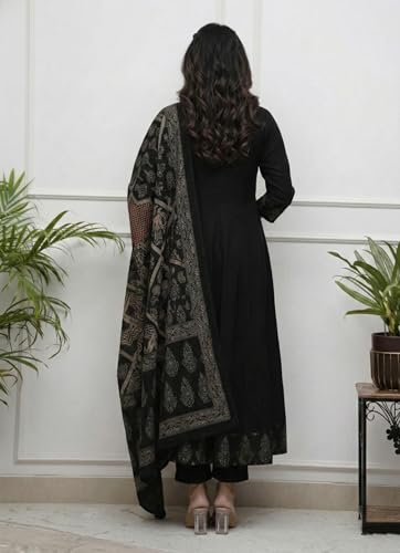 Image of GoSriKi Women's Rayon Viscose Anarkali Printed Kurta Pant with Dupatta | Anarkali Kurta Set for Women | Flared Kurti Pant Set | Ethnic Printed Suit for Women