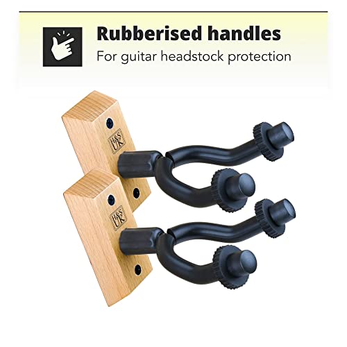 H&S Wall Mount Guitar Holder Hooks With Wood Base - Pack Of 2 Wall Hangers For Bass, Electric, & Acoustic Guitars - Wall Mounted Guitar Hanger Stand With Rubber Handles #TOP2