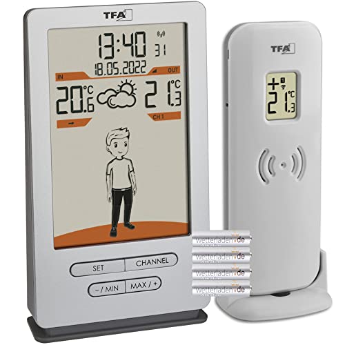 TFA Dostmann Funk Wetterstation Weather Jack, 35.1166.54, Außen- und Innentemperatur, Wettervorhersage, mit Bekleidungsvorschlägen, Funkuhr, silber, 146 x 82 x 27 (47) mm, mit Batterien
