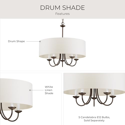 Image of Drum Shade Collection 5-Light White Textured Linen Shade Farmhouse Chandelier Light Antique Bronze