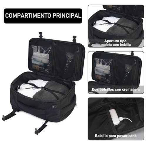 ECOHUB Mochila de Viaje Cabina Avion 40x20x25 Ryanair Con 13 Compartimentos Para Mujer y Hombre, Maleta Debajo del Asiento, Equipaje de Mano 40x30x20 20L, Recicladas, Patentado, Negro