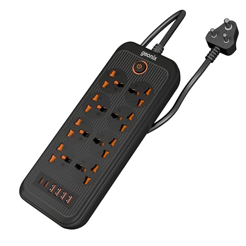 Image of Geonix PowerSpan U8 | Power Strip with 8 Universal Sockets, 2500W Max., 4 USB Ports, 2 C-Type Port, 10 Amps, 3 Mtr Copper Cable, Overload Surge Protection, Durable Abs Body, 250 Volts (Black)