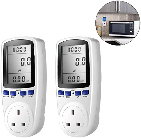 Swetup Power Meter Energy Monitor,2pcs Electricity Usage Monitor Uk Plug,Electric Power Consumption Monitor with 7 Monitoring Mode, Overload Warning for Home Appliances Amp Wattage Volt Meter Analyzer