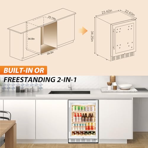 Image of Tylza 24 inch Beverage Refrigerator Glass Door Reversible White | Built-in /free, fast cool, <38dB, temp memory, glass+lock, 37-65F, 190 can
