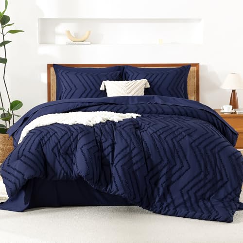 Image of Litanika Super King Size Comforter Set with Sheets Navy Blue - 7 Pieces Bed in a Bag Oversized King Boho Tufted Complete Bedding Sets with Comforter, Sheets, Pillowcases & Shams
