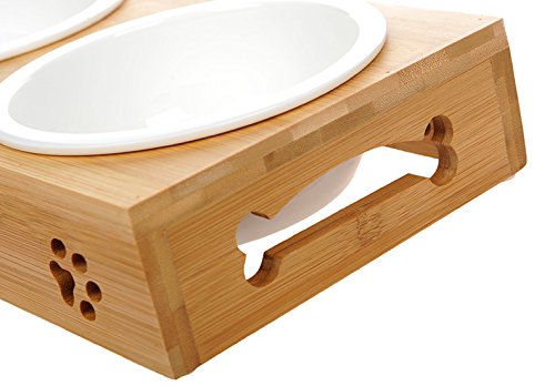 Creation Core Solid Bamboo Elevated Pet Dinner Feeder For Small Dogs And Cats Raised Stand With Three Ceramic Bowls #TOP7