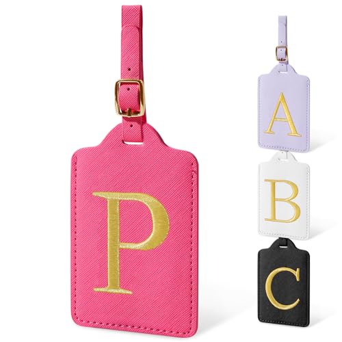 Image of Initial Letter Luggage Tags for Suitcases, Personalized Embroidered Letter Luggage Bag Suitcase Identifier Name Tag, Cute PU Leather Travel Luggage Tags, Bag Tags for Luggage Handbags(Rosered P)