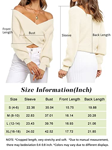 Zcsia Women's Long Sleeve Wrap V Neck Cross Front Solid Color Casual Off Shoulder Crop Knitted Pullover Sweater,Beige,Medium #TOP4