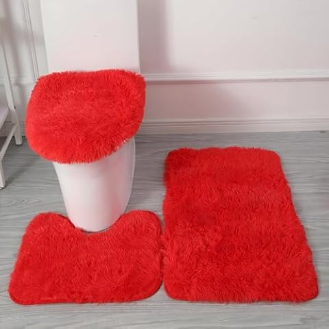 Eanpet Shaggy Bathroom Rugs Sets 3Piece Red Bath Mat for Bathroom Non-Slip Bathroom Mats Water Absorbent Bath Rug Floor Mats Soft Washable Shower Rug with U-Shaped Contour Rug Toilet Lid Cover Cover
