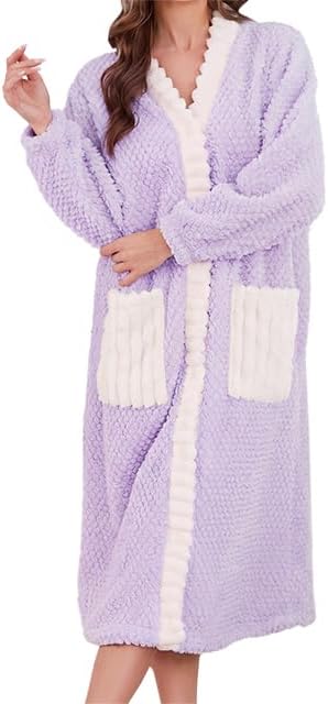 LYCY Womens Plush Robe, Warm Button Up Fluffy Long Bathrobe for Winter